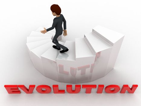 3d man walking on stair with evolution concept on white background, top angle view