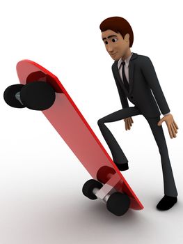 3d man with red skateboard concept on white background, front angle view