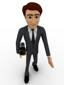3d man holding black binocular in hand concept on white background, front angle view