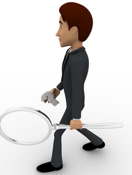 3d man with question mark and magnifying glass concept on white background, side angle view