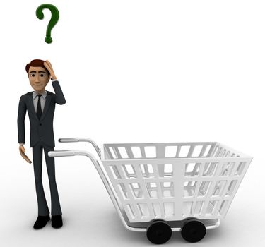 3d man confused and with cart and green question mark concept on white background, front angle view