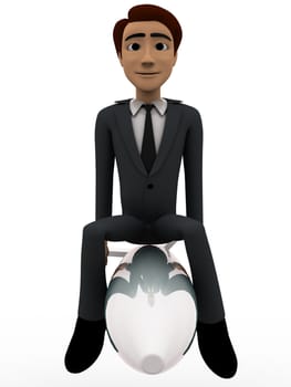 3d man riding on rocket concept on white background, front angle view