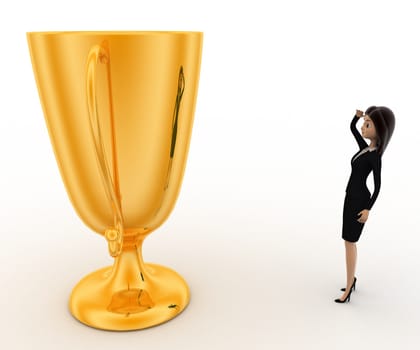 3d woman thinking about big golden cup award concept on white background,side angle view