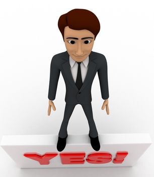 3d man holding yes sign board concept on white background,  top  angle view