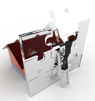 3d man connect silver puzzle to make wall concept on white background, top angle view