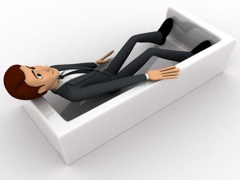 3d man resting on sofa concept on white background, top   angle view