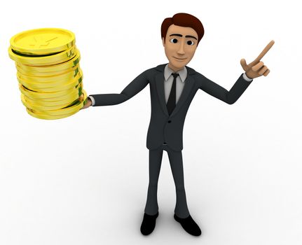 3d man happy and with golden coins concept on white background, front angle view