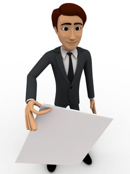 3d man showing blank paper concept on white background, front angle view