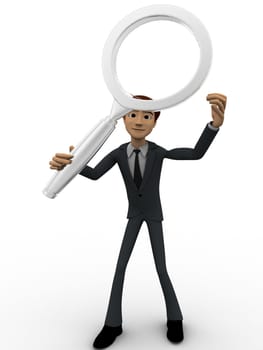 3d man searching and looking through magnifying glass concept on white background, front angle view