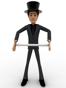 3d man magician wearing hat and holding rod concept on white background, front angle view