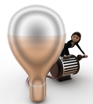 3d woman lighting up bulb using generator concept on white background, side  angle view