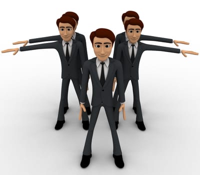 3d men n line doing exercise concept on white background, front angle view