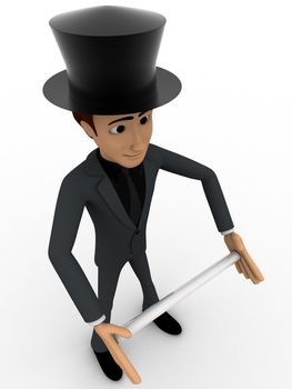 3d man magician wearing hat and holding rod concept on white background, top angle view