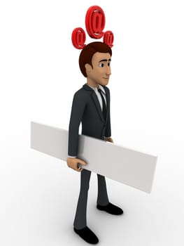 3d man with blank paper and three email icon on head concept on white background, side angle view