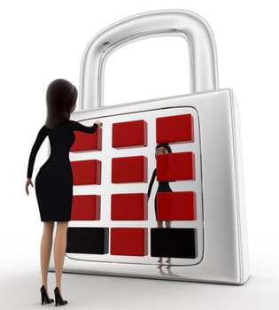 3d woman with lock and password system concept on white background, sideangle view