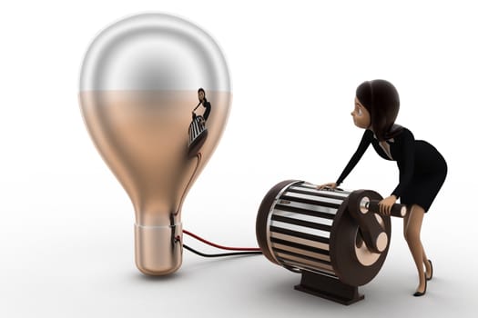 3d woman lighting up bulb using generator concept on white background, front angle view