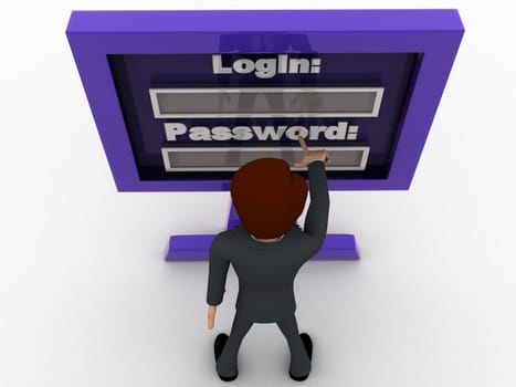 3d man entering login and password concept on white background, top angle view