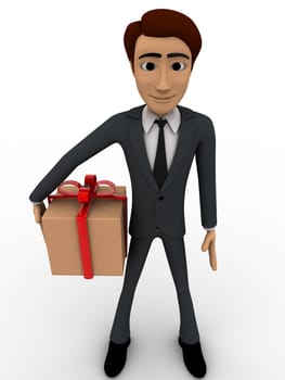 3d man with wrapped gift box concept on white background, front angle view