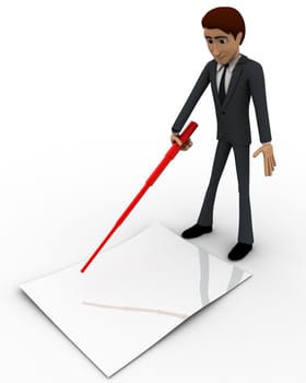 3d man pointing on paper using stick concept on white background, frontangle view