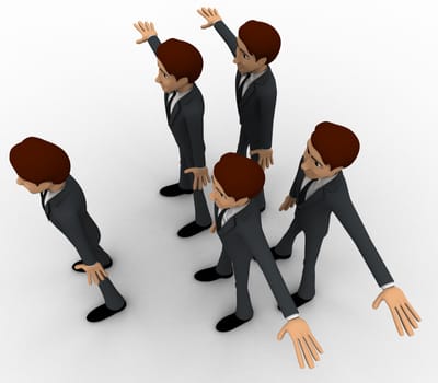 3d men n line doing exercise concept on white background, side  angle view