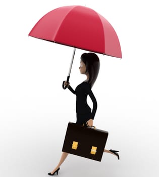 3d woman running for office with pink umbrella and briefcase concept on white background, side  angle view