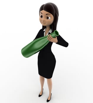 3d woman with green bottle concept on white background, top angle view
