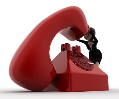 3d woman with big red telephone concept on white background, side  angle view