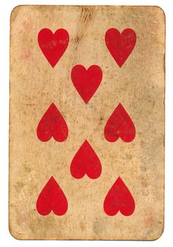 old playing card with 8 hearts isolated on white background