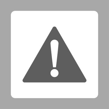 Warning icon from Primitive Buttons OverColor Set. This rounded square flat button is drawn with dark gray and white colors on a silver background.