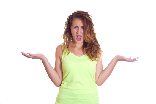Upset woman screaming with hands up on white background.