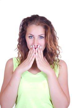Portrait of ashamed young beautiful woman covering her mouth with both hands. Isolated on white background.