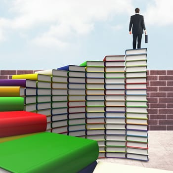 Rear view of businessman holding a briefcase against steps made out of books