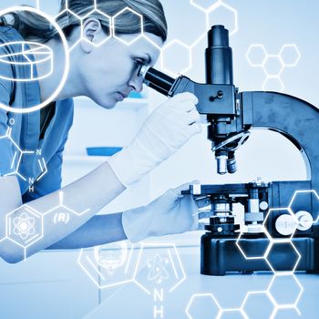Science graphic against female scientist looking through a microscope