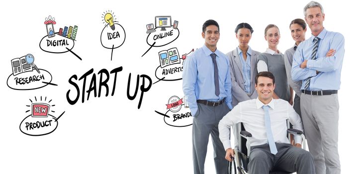 Businessman in wheelchair with his colleagues looking at camera  against start up doodle