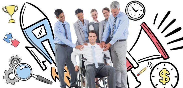 Business people supporting their colleague in wheelchair  against icons