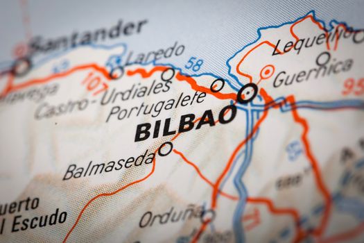 Bilbao city on a road map