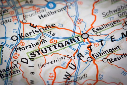 Stuttgart city on a road map