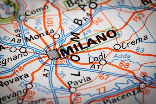 Milano city on a road map