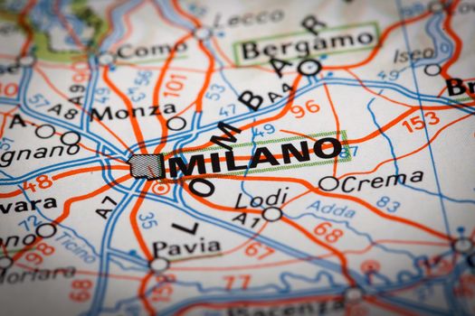 Milano city on a road map