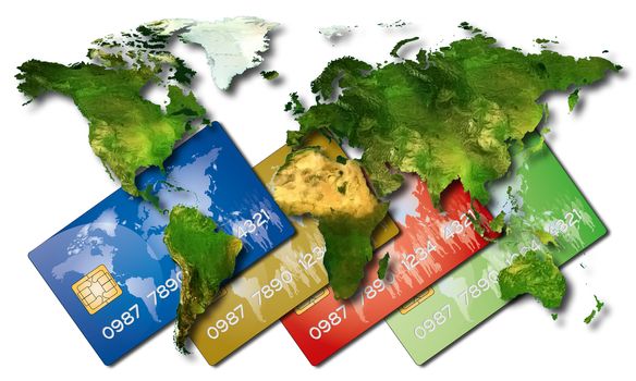 bank credit cards on a map with all the countries of the world