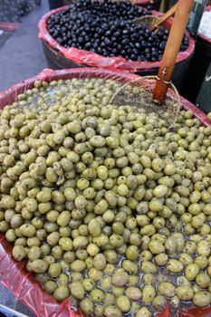 Traditional Green and Black Olives for sales in French town of Aix-En-Provence, France