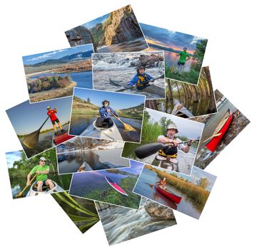 collection of paddling pictures from lakes and rivers of Colorado featuring kayaks, canoes and stand up padleboards  and the same male model - random pile isolated on white
