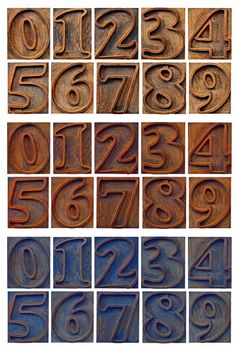 isolated outlined numbers in letterpress wood type - three sets with different wood stain