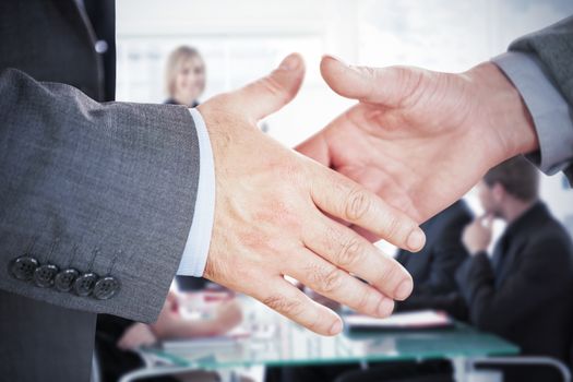 Two people going to shake their hands against businesswoman reporting to sales in a seminar