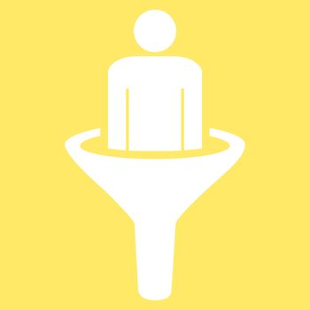 Sales funnel icon from Business Bicolor Set. Glyph style is flat symbol, white color, rounded angles, yellow background.