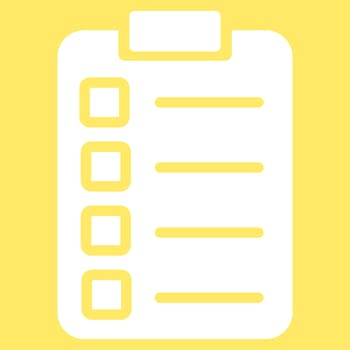 Test task icon from Business Bicolor Set. Glyph style is flat symbol, white color, rounded angles, yellow background.