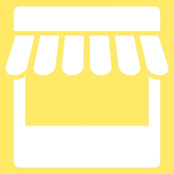 Store icon from Business Bicolor Set. Glyph style is flat symbol, white color, rounded angles, yellow background.