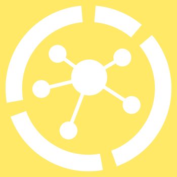 Connections diagram icon from Business Bicolor Set. Glyph style is flat symbol, white color, rounded angles, yellow background.