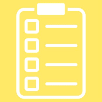 Examination icon from Business Bicolor Set. Glyph style is flat symbol, white color, rounded angles, yellow background.