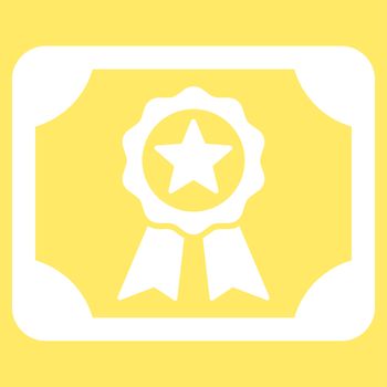 Certificate icon from Business Bicolor Set. Glyph style is flat symbol, white color, rounded angles, yellow background.